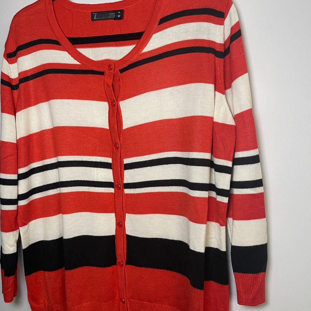 Chic Women's Striped Cardigan in Coral, Black, and White